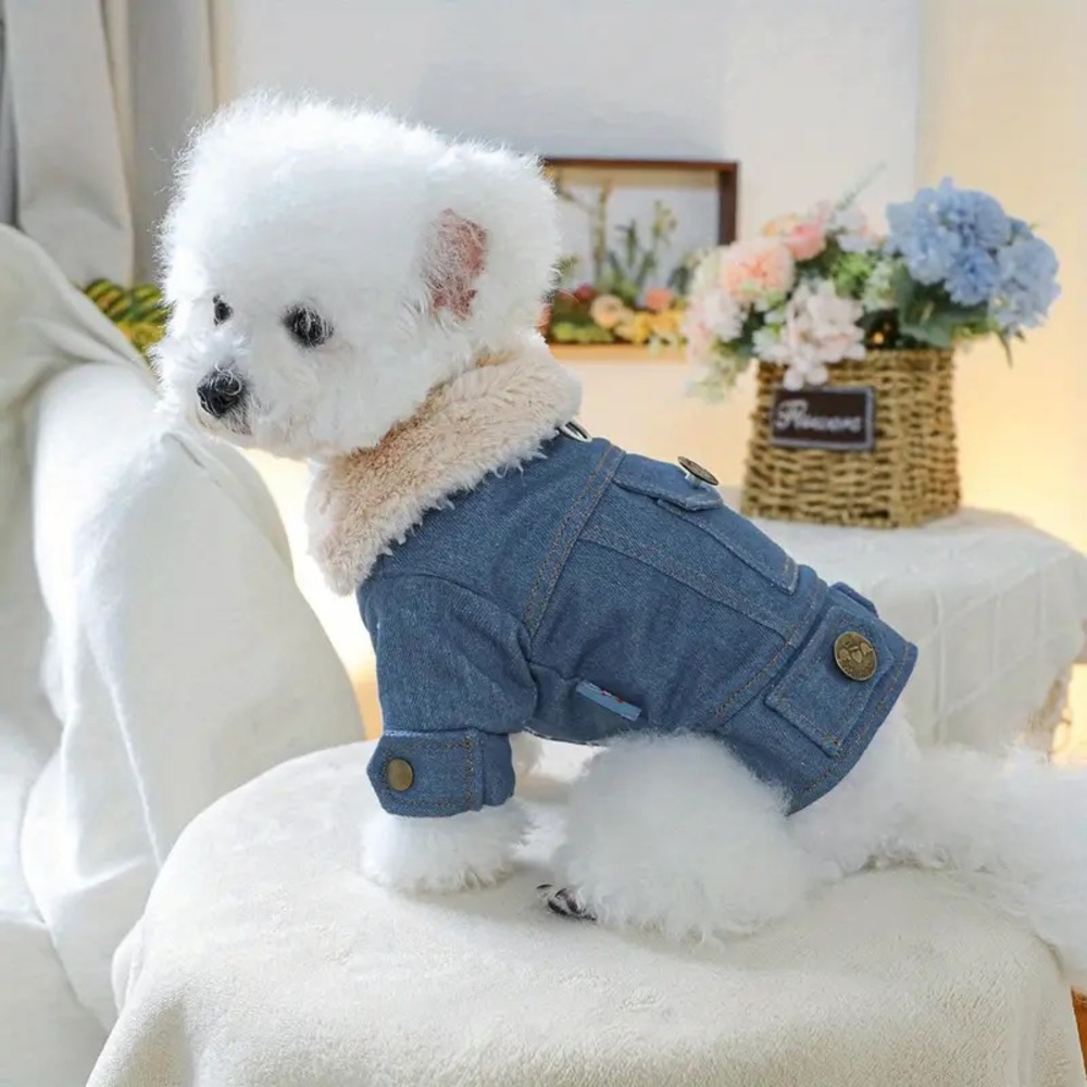 Chic Denim Dog Coat with Faux Fur Collar